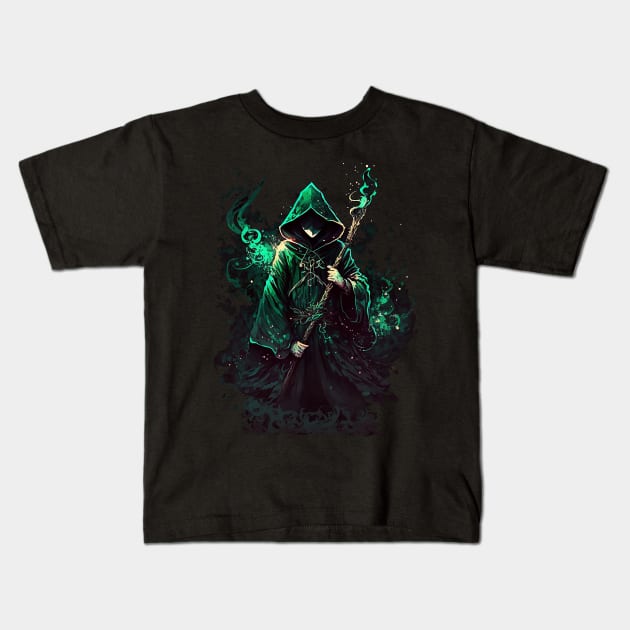 Dark Wizard in Green Robes Kids T-Shirt by Vaelerys